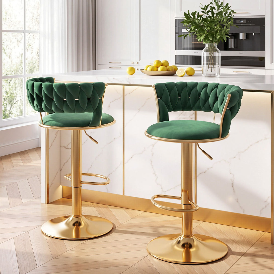 Artiss 2x Bar Stools Gas Lift Adjustable Velvet Woven Backrest Vivien Green-Furniture > Bar Stools &amp; Chairs > Table &amp; Bar Stools-PEROZ Accessories