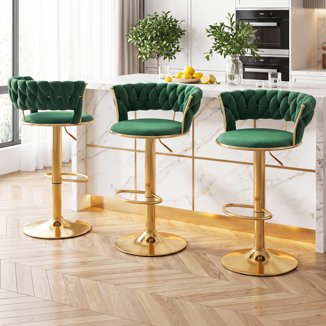 Artiss 3x Bar Stools Gas Lift Adjustable Velvet Woven Backrest Vivien Green-Furniture > Bar Stools &amp; Chairs > Table &amp; Bar Stools-PEROZ Accessories