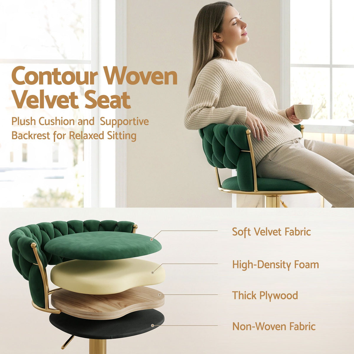 Artiss 3x Bar Stools Gas Lift Adjustable Velvet Woven Backrest Vivien Green