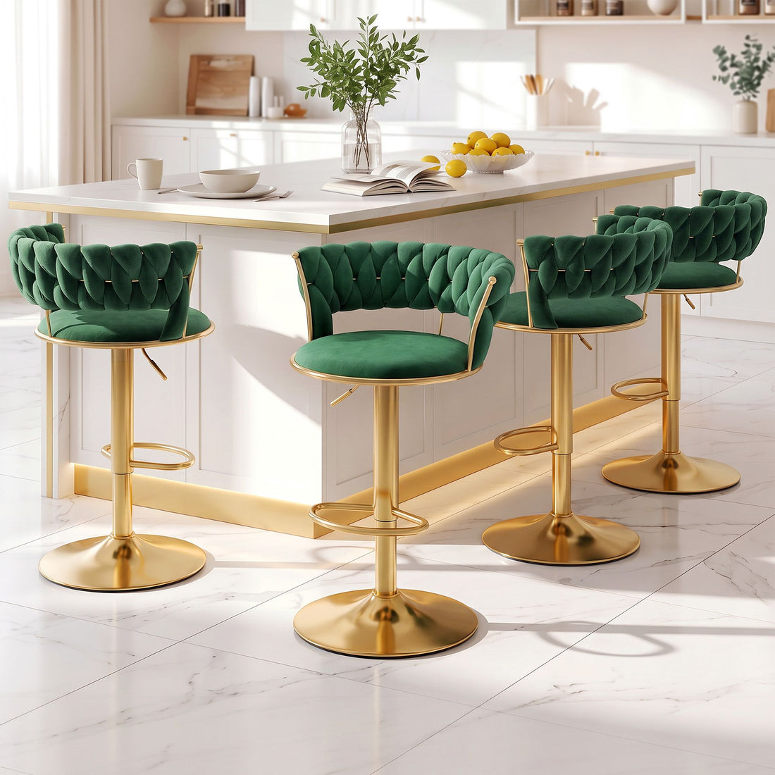 Artiss 4x Bar Stools Gas Lift Adjustable Velvet Woven Backrest Vivien Green-Furniture > Bar Stools &amp; Chairs > Table &amp; Bar Stools-PEROZ Accessories