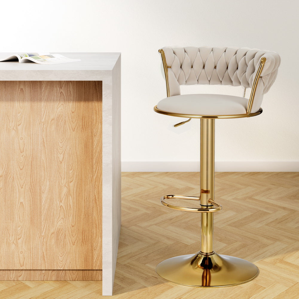 Artiss Bar Stools Gas Lift Velvet Woven Backrest Ivory-Furniture &gt; Bar Stools &amp; Chairs-PEROZ Accessories