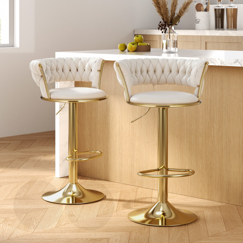 Artiss 2x Bar Stools Gas Lift Velvet Woven Backrest Ivory-Furniture &gt; Bar Stools &amp; Chairs &gt; Table &amp; Bar Stools-PEROZ Accessories