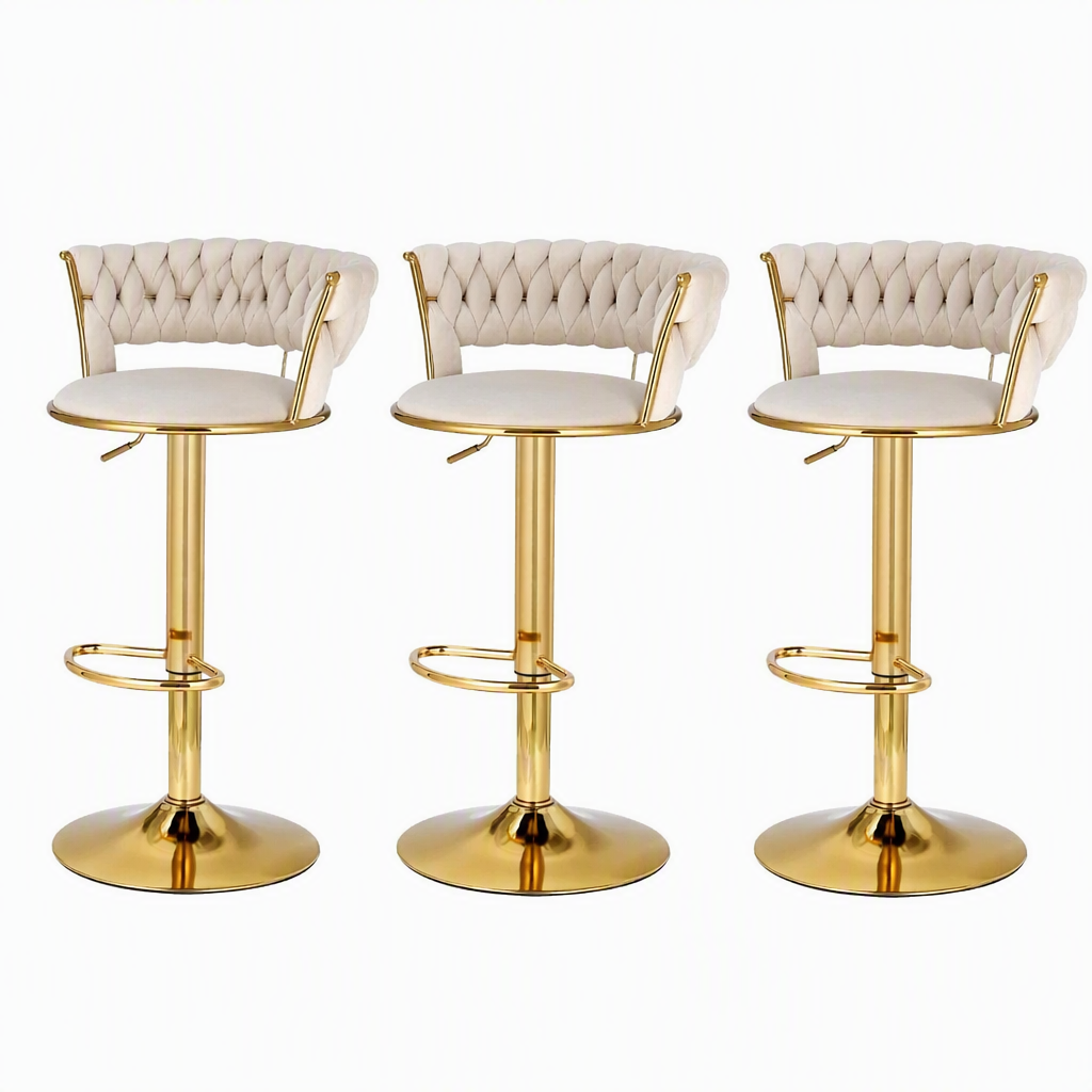 Artiss Bar Stools X3 Kitchen Counter Chair Gas Lift Velvet Woven Backrest Ivory