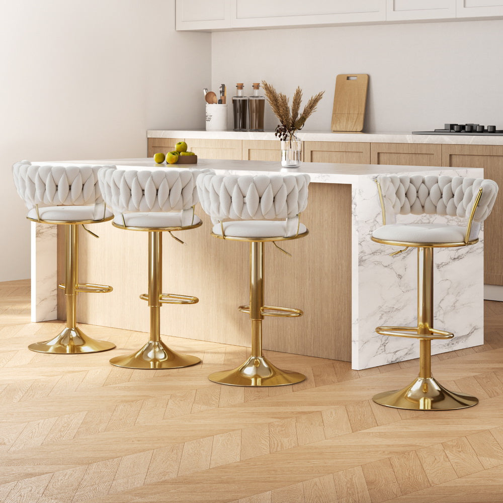 Artiss 4x Bar Stools Gas Lift Velvet Woven Backrest Ivory-Furniture &gt; Bar Stools &amp; Chairs &gt; Table &amp; Bar Stools-PEROZ Accessories