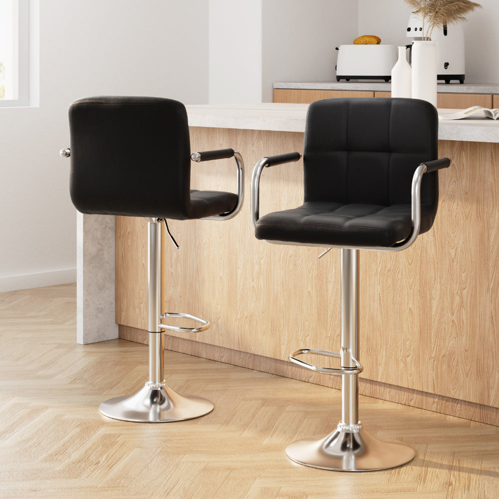 Artiss 2x Bar Stools Leather Gas Lift w/Armrest Black-Bar Stools-PEROZ Accessories