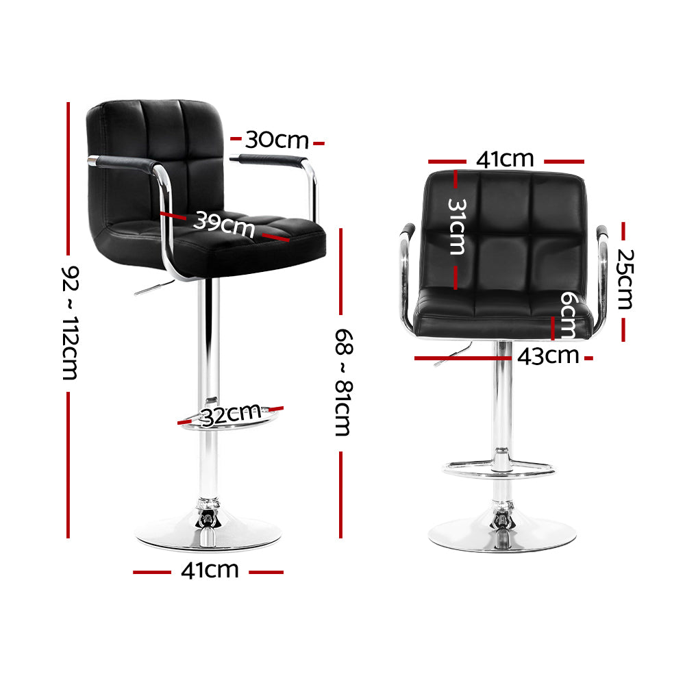 Artiss 2x Bar Stools Leather Gas Lift w/Armrest Black-Bar Stools-PEROZ Accessories