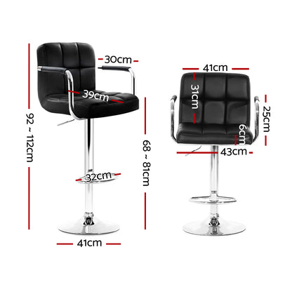 Artiss 2x Bar Stools Leather Gas Lift w/Armrest Black-Bar Stools-PEROZ Accessories