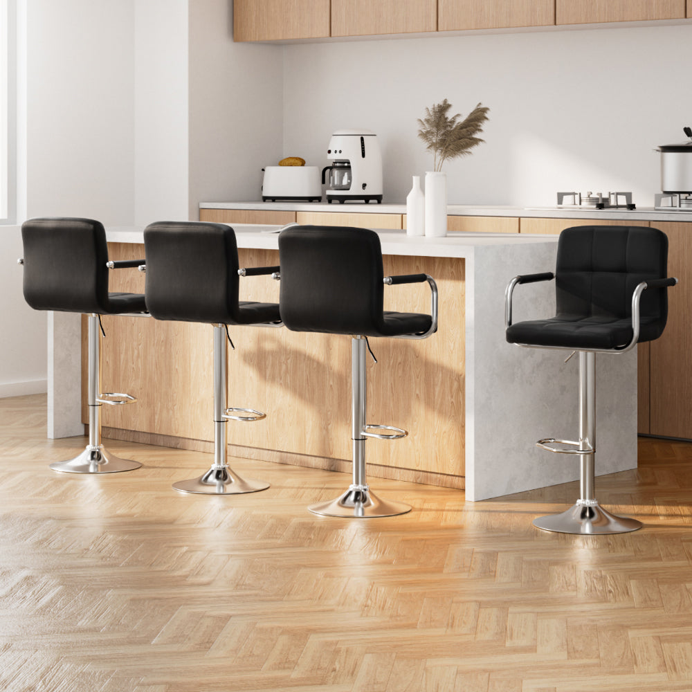 Artiss 4x Bar Stools Leather Gas Lift w/Armrest Black-Bar Stools-PEROZ Accessories