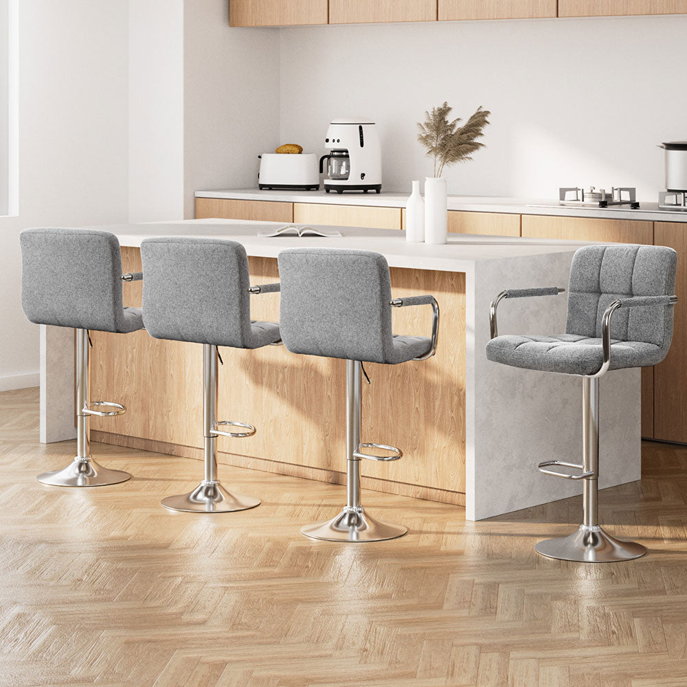 Artiss 4x Bar Stools Fabric Gas Lift w/Armrest Grey-Furniture &gt; Bar Stools &amp; Chairs &gt; Table &amp; Bar Stools-PEROZ Accessories