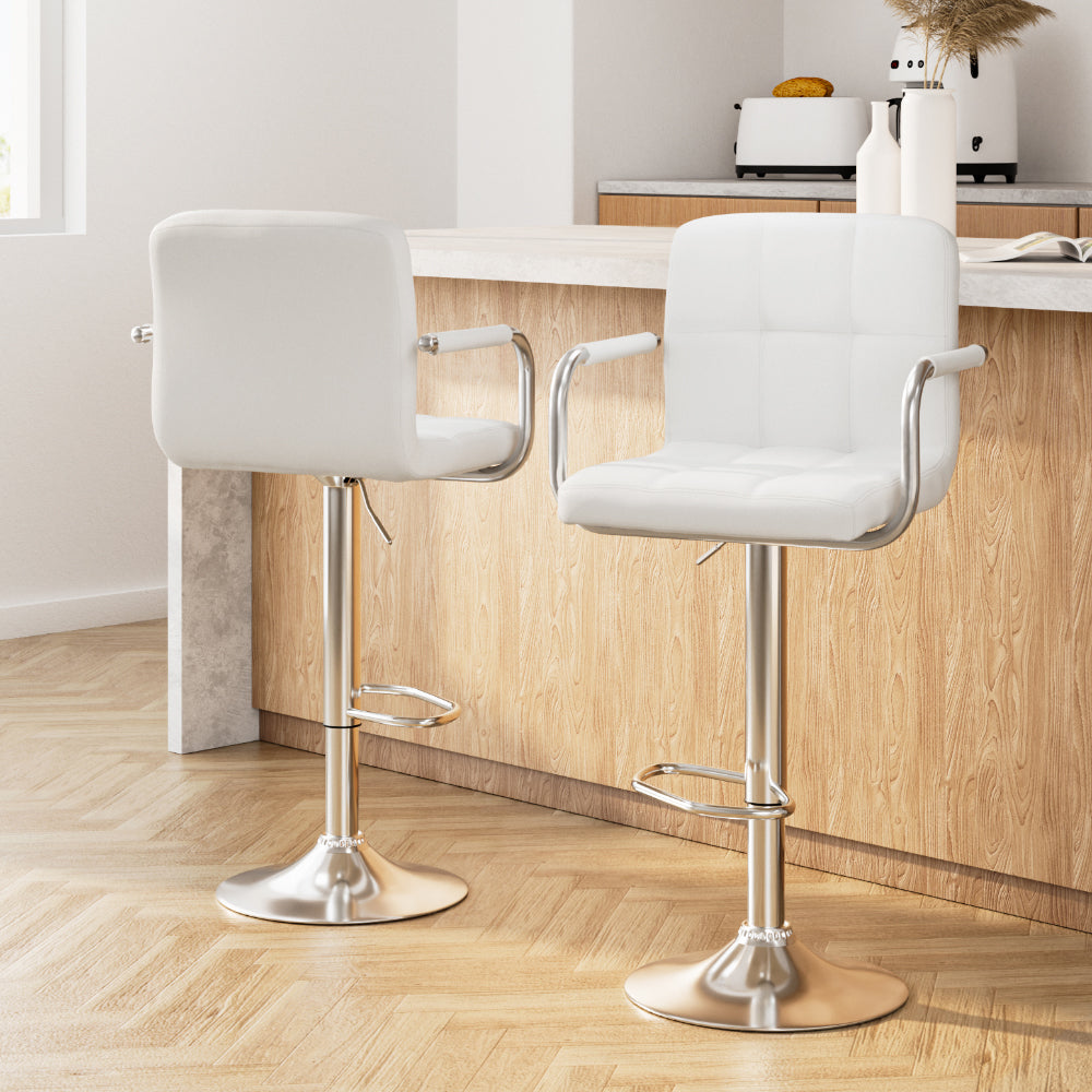 Artiss 2x Bar Stools Leather Gas Lift w/Armrest White-Bar Stools-PEROZ Accessories