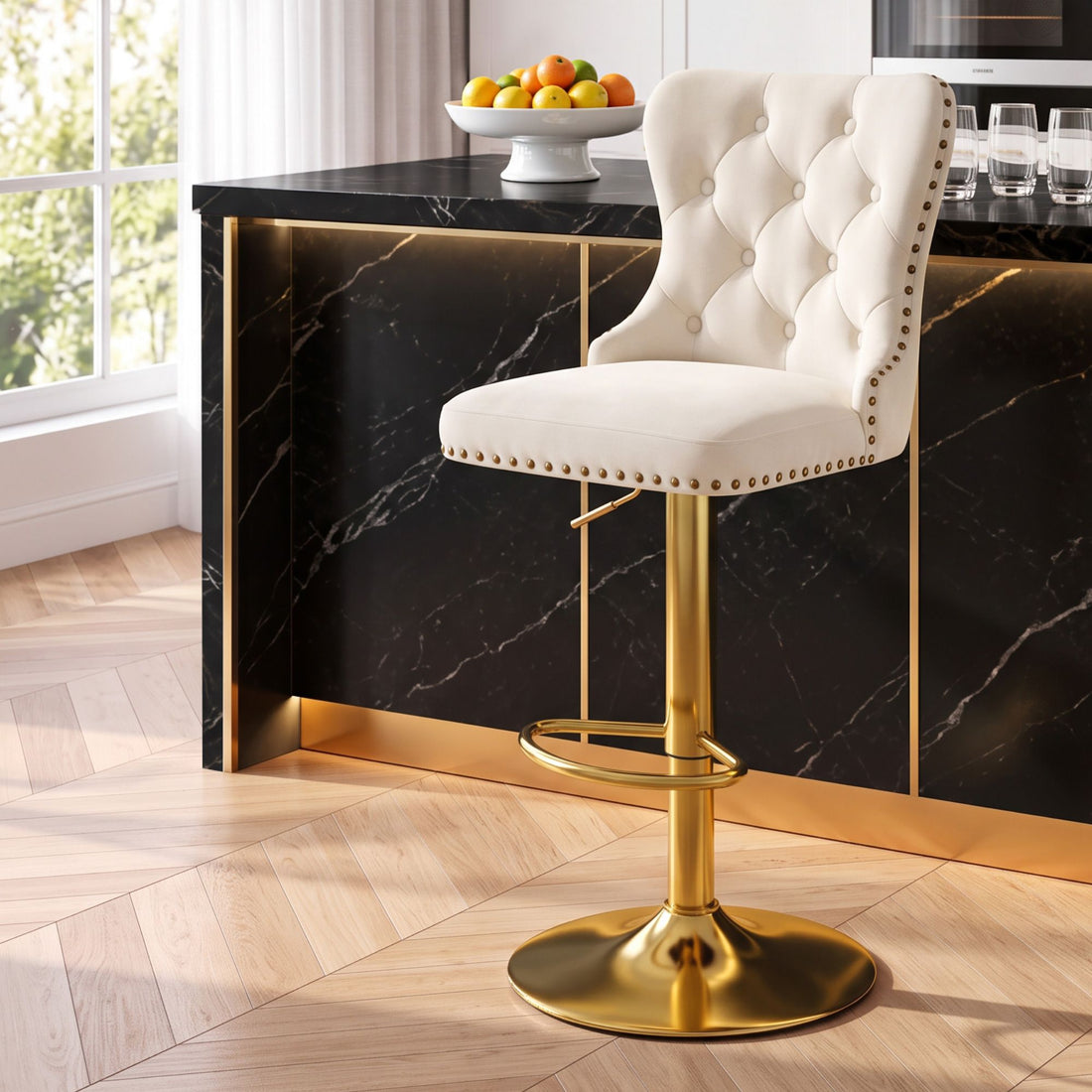 Artiss 1x Bar Stool Counter Chair Kitchen Adjustable Nailhead Trim Velvet Ivory-Furniture > Bar Stools &amp; Chairs > Table &amp; Bar Stools-PEROZ Accessories