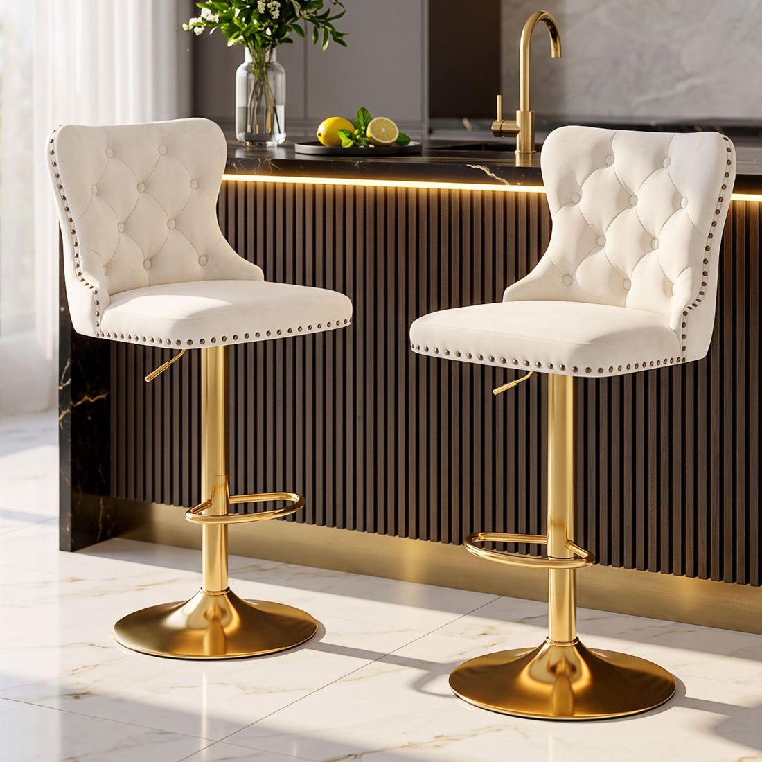 Artiss 2x Bar Stools Counter Chair Kitchen Adjustable Nailhead Trim Velvet Ivory-Furniture > Bar Stools &amp; Chairs > Table &amp; Bar Stools-PEROZ Accessories