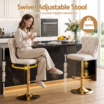 Artiss 2x Bar Stools Counter Chair Kitchen Adjustable Nailhead Trim Velvet Ivory