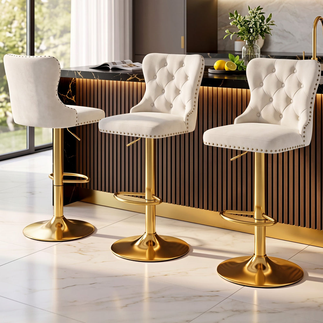 Artiss 3x Bar Stools Counter Chair Kitchen Adjustable Nailhead Trim Velvet Ivory-Furniture > Bar Stools &amp; Chairs > Table &amp; Bar Stools-PEROZ Accessories