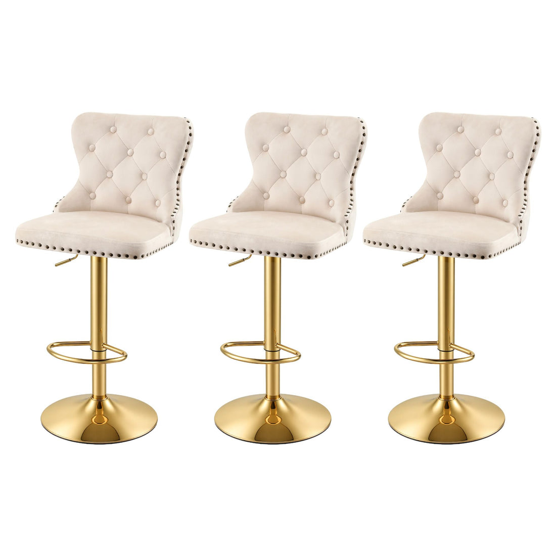 Artiss 3x Bar Stools Counter Chair Kitchen Adjustable Nailhead Trim Velvet Ivory-Furniture > Bar Stools &amp; Chairs > Table &amp; Bar Stools-PEROZ Accessories