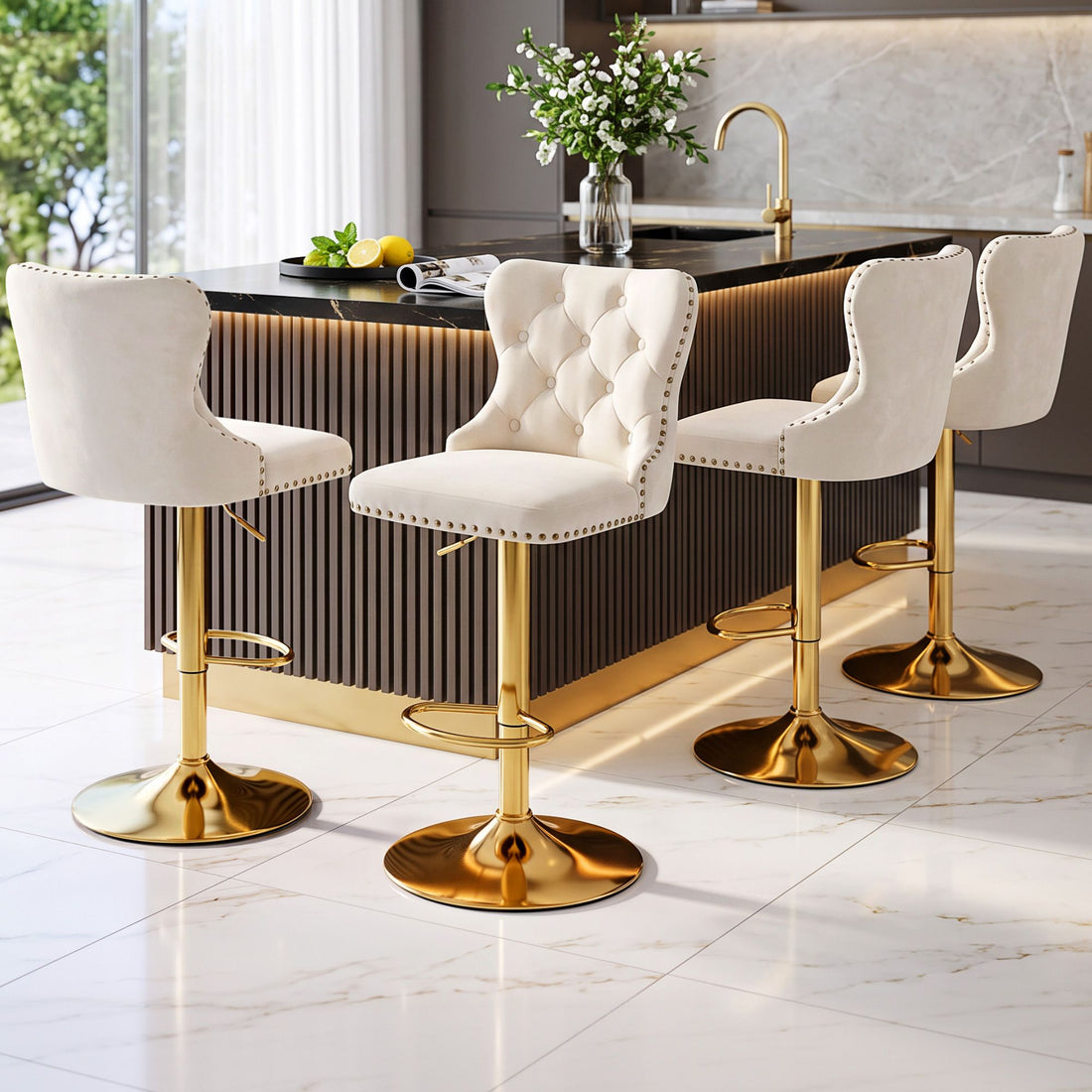 Artiss 4x Bar Stools Counter Chair Kitchen Adjustable Nailhead Trim Velvet Ivory-Furniture > Bar Stools &amp; Chairs > Table &amp; Bar Stools-PEROZ Accessories