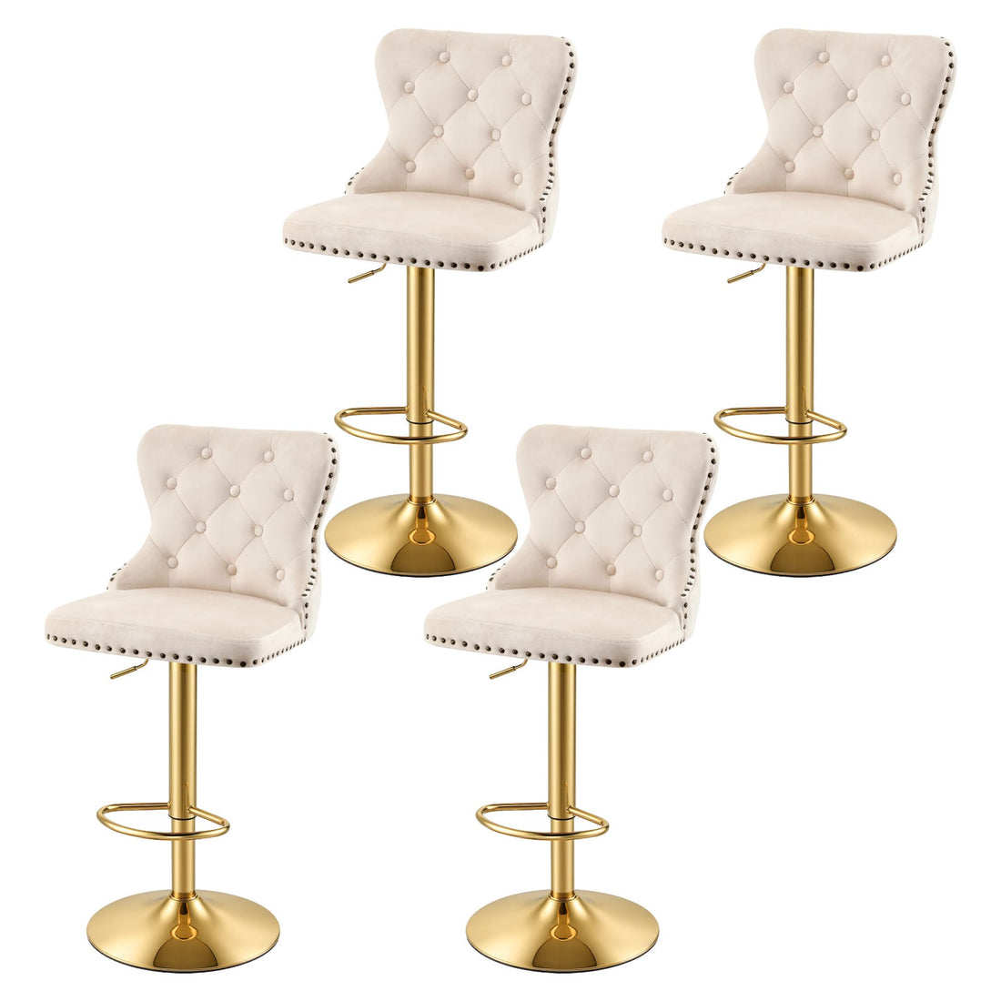 Artiss 4x Bar Stools Counter Chair Kitchen Adjustable Nailhead Trim Velvet Ivory-Furniture > Bar Stools &amp; Chairs > Table &amp; Bar Stools-PEROZ Accessories