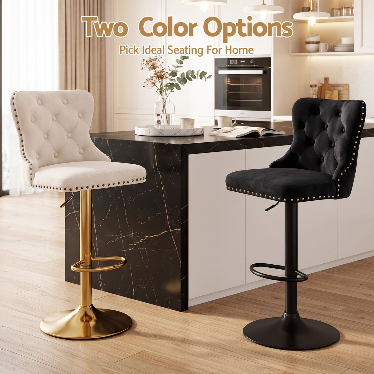 Artiss 4x Bar Stools Counter Chair Kitchen Adjustable Nailhead Trim Velvet Ivory