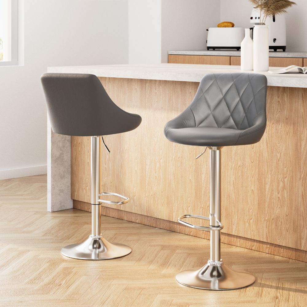 Artiss 2x Bar Stools Leather Padded Gas Lift Grey-Furniture > Bar Stools &amp; Chairs-PEROZ Accessories