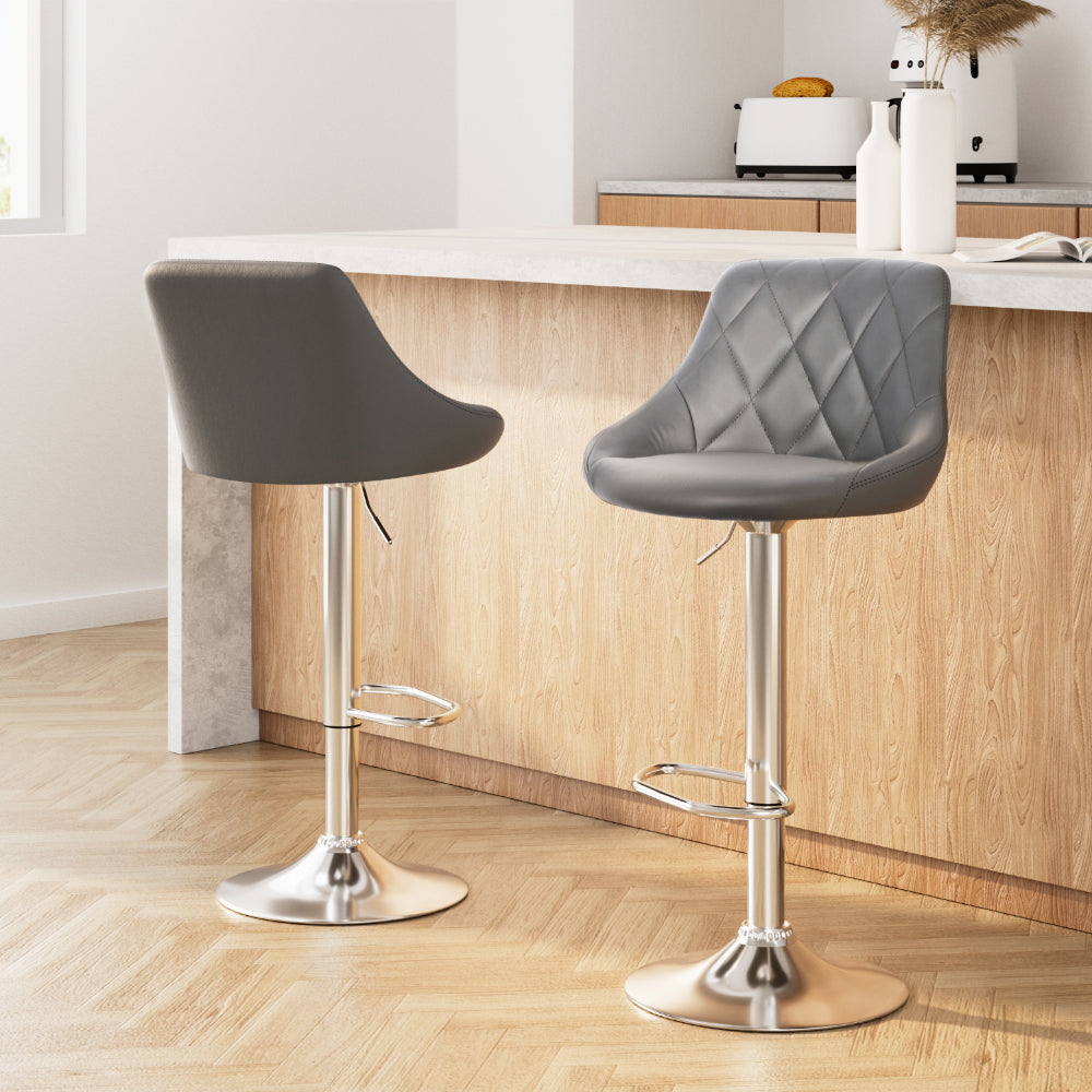 Artiss 2x Bar Stools Leather Padded Gas Lift Grey-Furniture &gt; Bar Stools &amp; Chairs-PEROZ Accessories