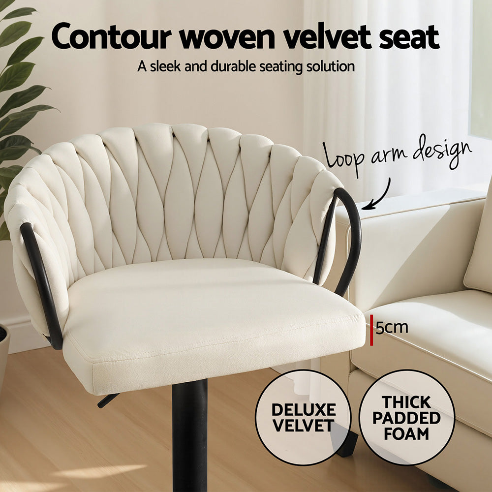 Artiss Bar Stool x4 Kitchen Dining Chair Counter Gaslift Woven Velvet Ivory-Furniture &gt; Bar Stools &amp; Chairs &gt; Table &amp; Bar Stools-PEROZ Accessories