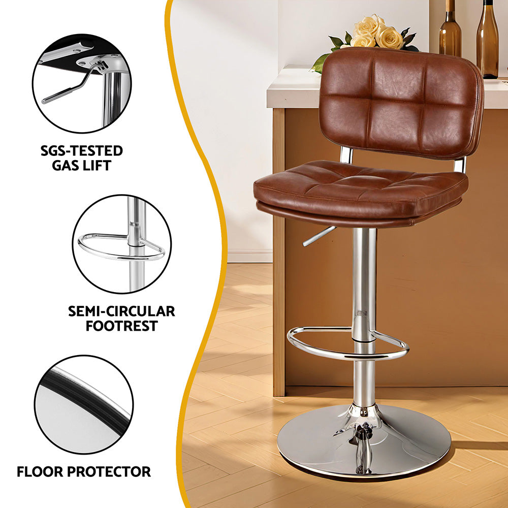 Artiss 2x Bar Stools Kitchen Swivel Gas Lift Counter Chair Tuft PU Leather Brown-Furniture &gt; Bar Stools &amp; Chairs &gt; Table &amp; Bar Stools-PEROZ Accessories