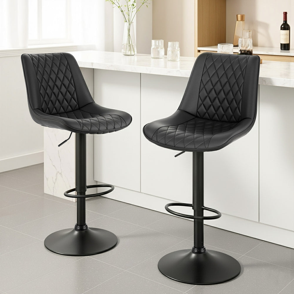 Artiss 2x Bar Stools Kitchen Swivel Gas Lift Counter Chair Diamond Leather Black-Furniture &gt; Bar Stools &amp; Chairs &gt; Table &amp; Bar Stools-PEROZ Accessories