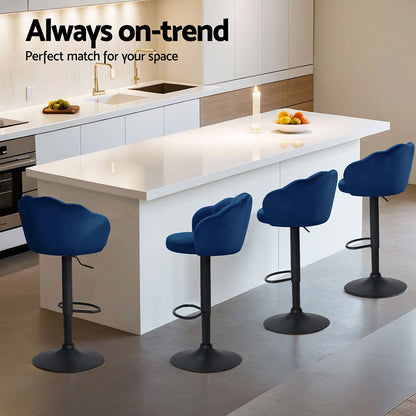 Artiss 4x Bar Stools Gas Lift Velvet Blue-Furniture &gt; Bar Stools &amp; Chairs &gt; Table &amp; Bar Stools-PEROZ Accessories