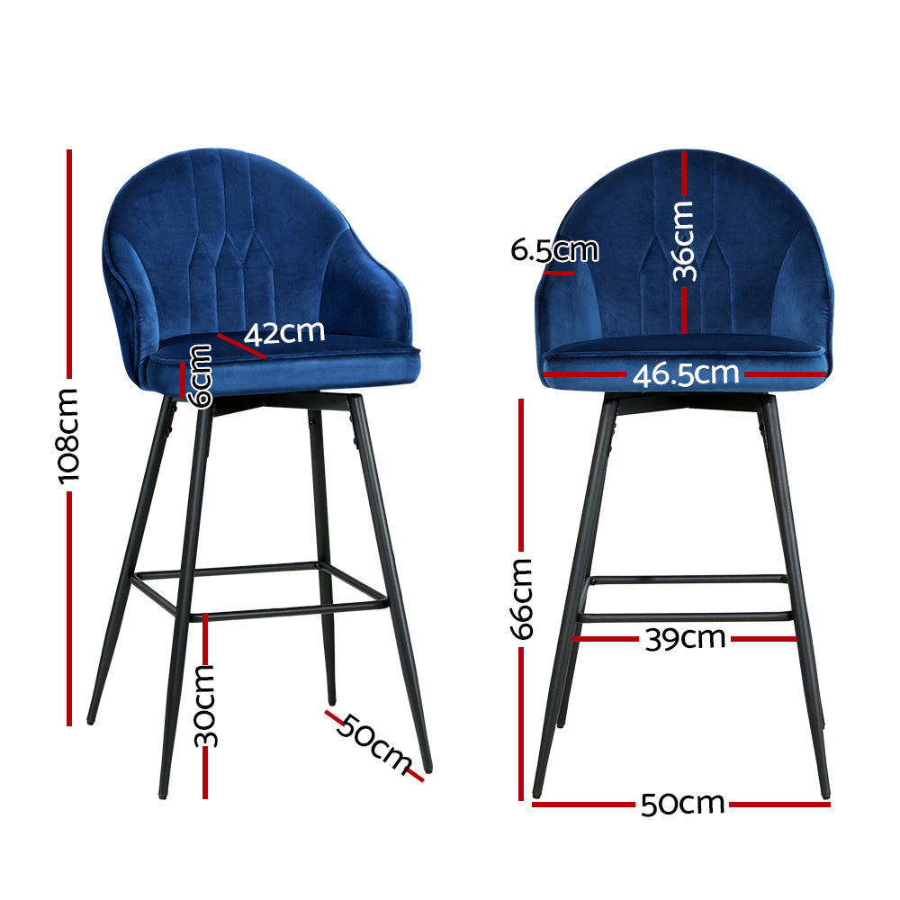Artiss 2x Bar Stools Velvet Swivel Metal Legs Blue-Bar Stools-PEROZ Accessories