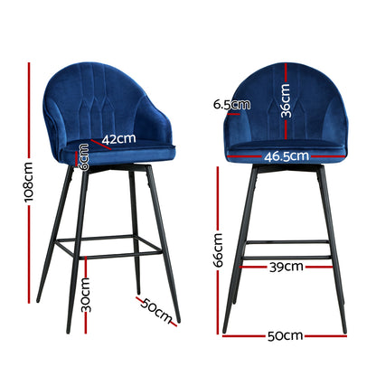 Artiss 2x Bar Stools Velvet Swivel Metal Legs Blue-Bar Stools-PEROZ Accessories