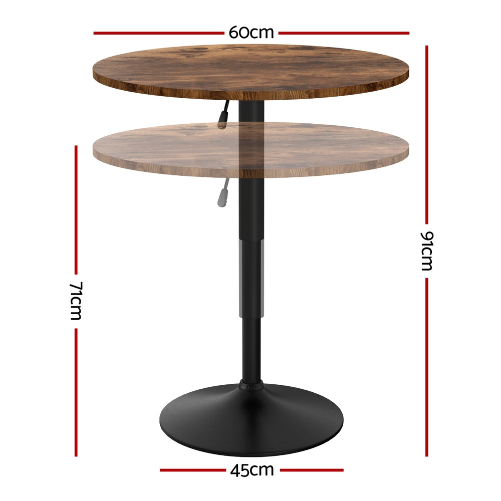 Artiss Height Adjustable Bar Table 360 Swivel Round Gaslift Design 60cm Rustic Brown Black-Furniture &gt; Bar Stools &amp; Chairs &gt; Table &amp; Bar Stools-PEROZ Accessories
