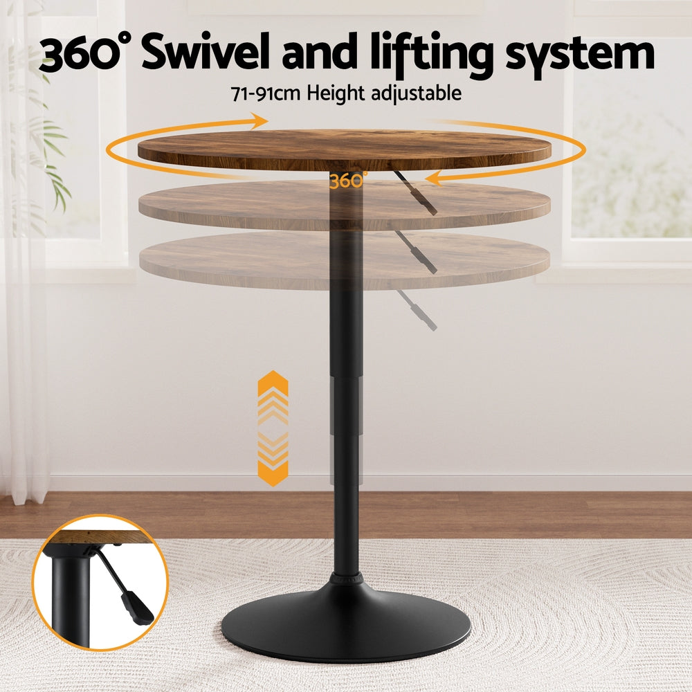 Artiss Height Adjustable Bar Table 360 Swivel Round Gaslift Design 60cm Rustic Brown Black-Furniture &gt; Bar Stools &amp; Chairs &gt; Table &amp; Bar Stools-PEROZ Accessories