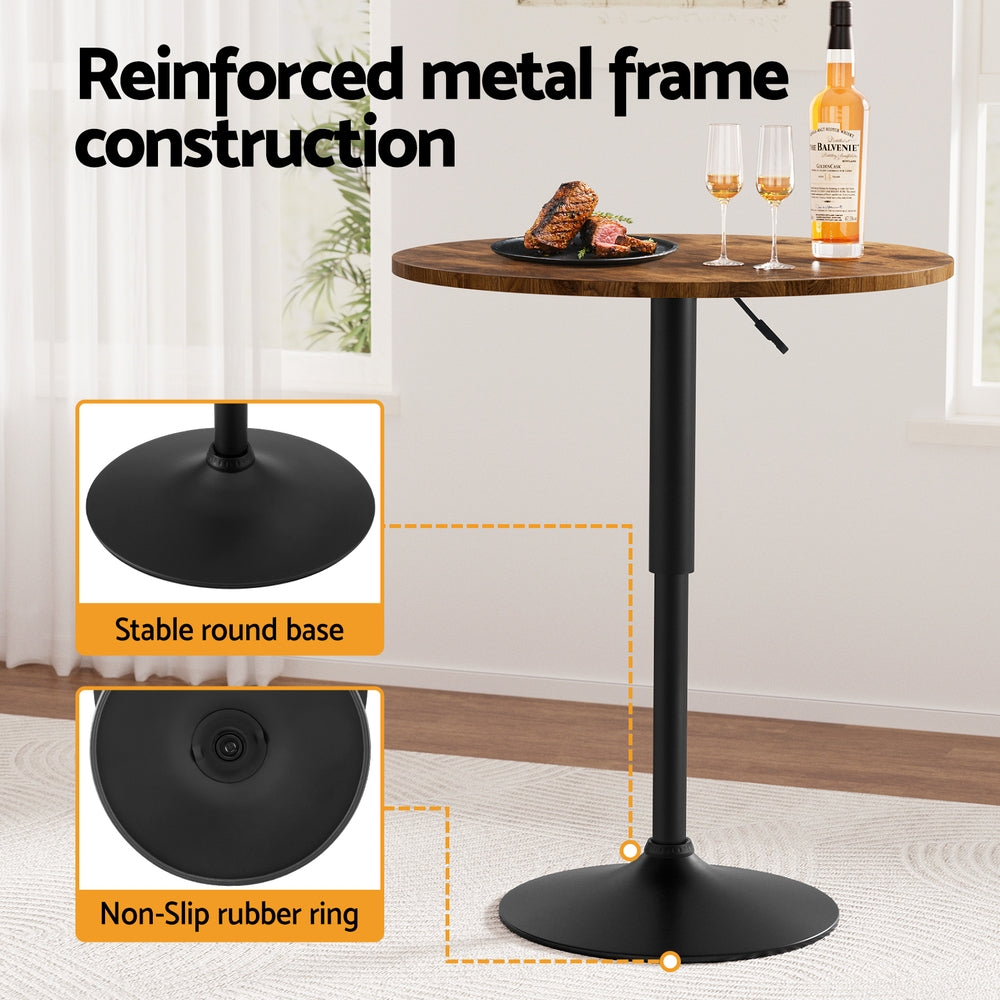 Artiss Height Adjustable Bar Table 360 Swivel Round Gaslift Design 60cm Rustic Brown Black-Furniture &gt; Bar Stools &amp; Chairs &gt; Table &amp; Bar Stools-PEROZ Accessories
