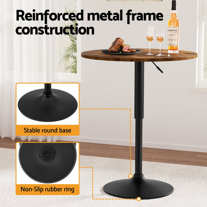Artiss Height Adjustable Bar Table 360 Swivel Round Gaslift Design 60cm Rustic Brown Black-Furniture &gt; Bar Stools &amp; Chairs &gt; Table &amp; Bar Stools-PEROZ Accessories