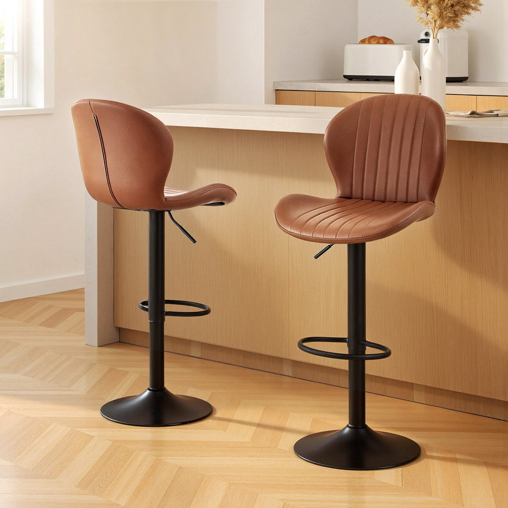 Artiss 2x Bar Stools Kitchen Swivel Gas Lift Counter Chair Shell Leather Brown-Furniture &gt; Bar Stools &amp; Chairs &gt; Table &amp; Bar Stools-PEROZ Accessories