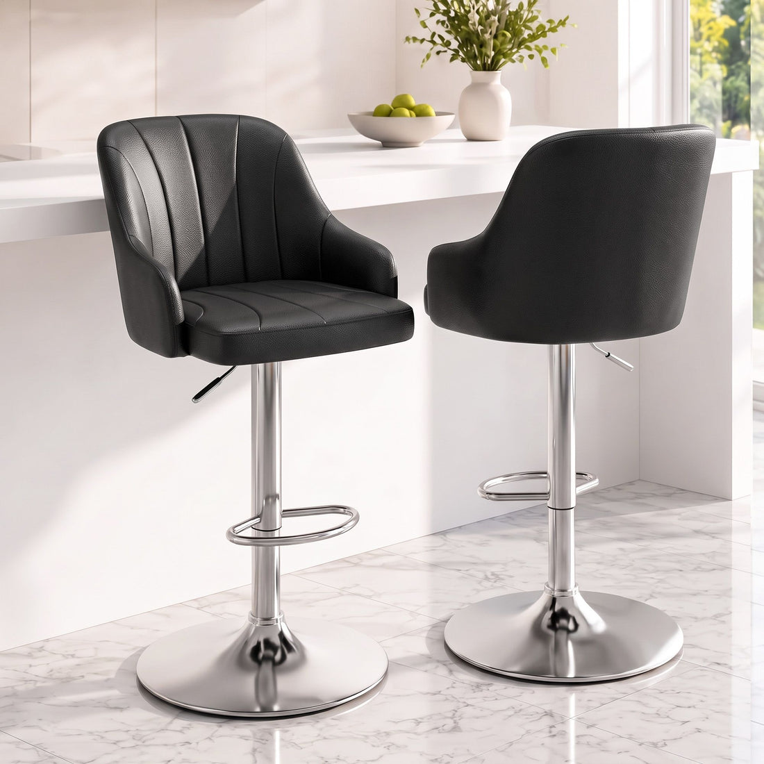 Artiss Bar Stool X2 Gas Lift Adjustable Curved Striped Backrest PU Leather Black-Furniture > Bar Stools &amp; Chairs > Table &amp; Bar Stools-PEROZ Accessories