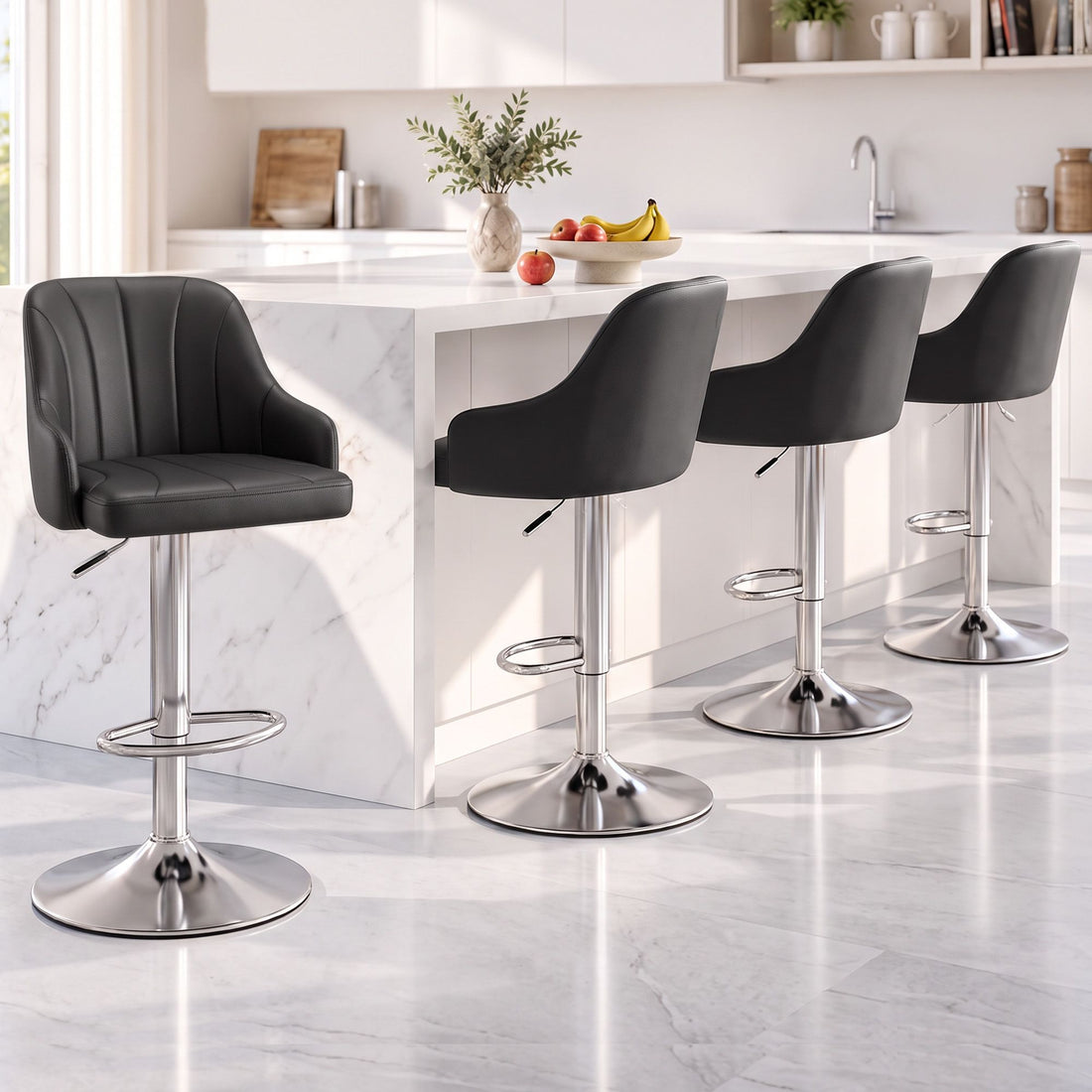 Artiss Bar Stool X4 Gas Lift Adjustable Curved Striped Backrest PU Leather Black-Furniture > Bar Stools &amp; Chairs > Table &amp; Bar Stools-PEROZ Accessories