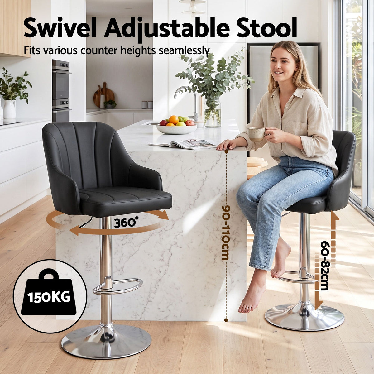 Artiss Bar Stool X4 Gas Lift Adjustable Curved Striped Backrest PU Leather Black