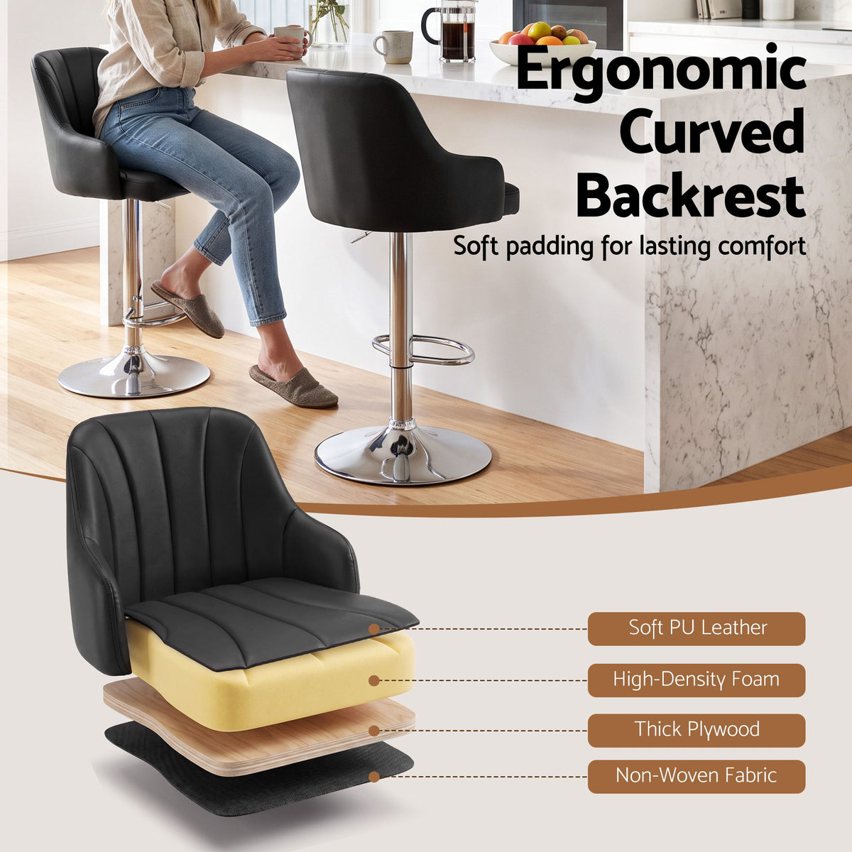 Artiss Bar Stool X4 Gas Lift Adjustable Curved Striped Backrest PU Leather Black