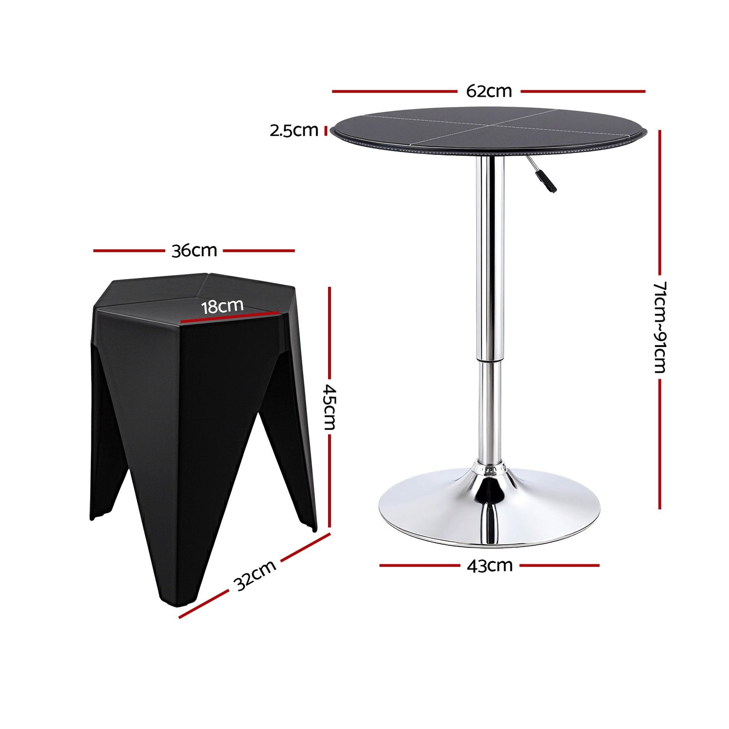 Artiss Bar Stools and Table Set 3PCS Dining Desk Kitchen Chair PVC Leather Black