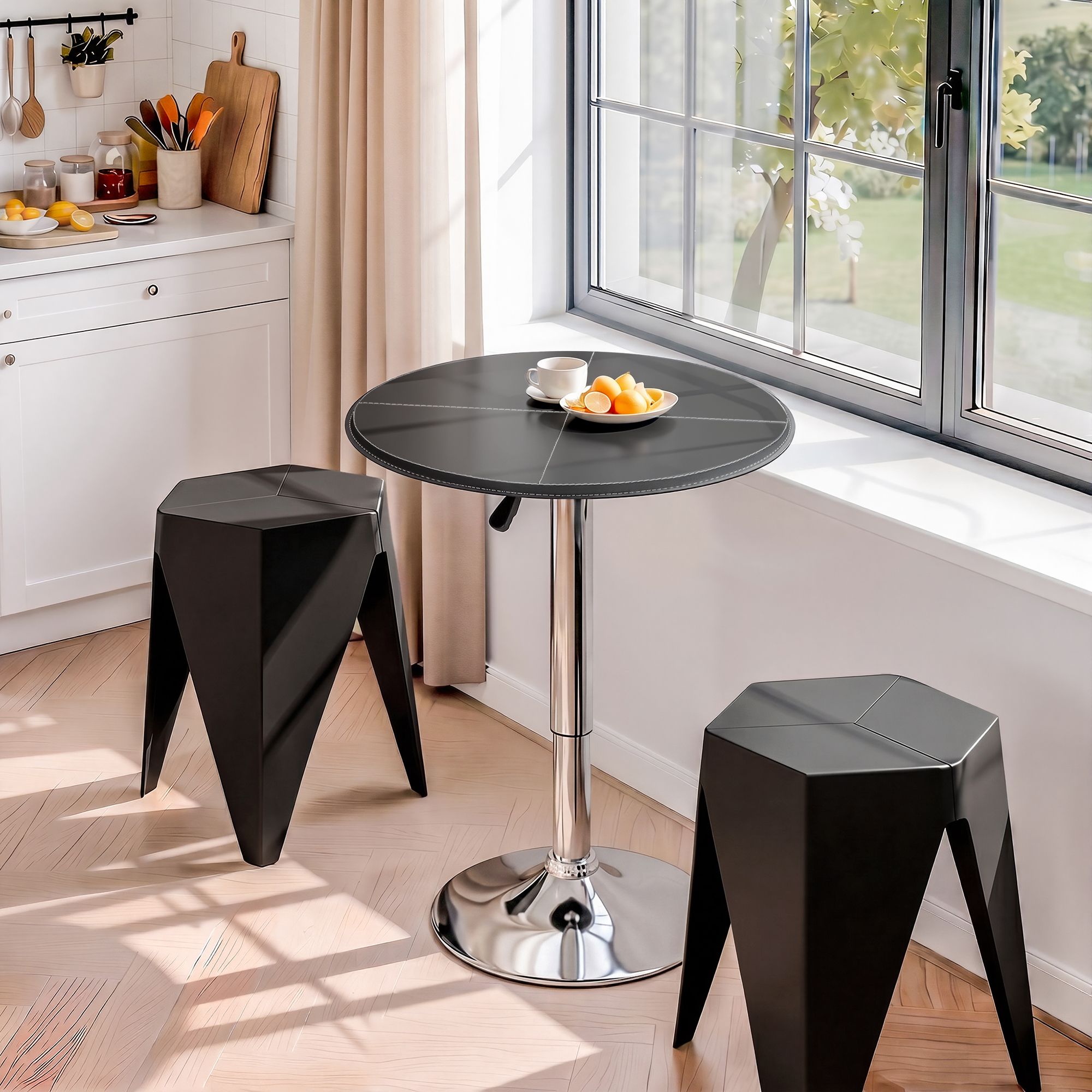 Artiss Bar Stools and Table Set 3PCS Dining Desk Kitchen Chair PVC Leather Black