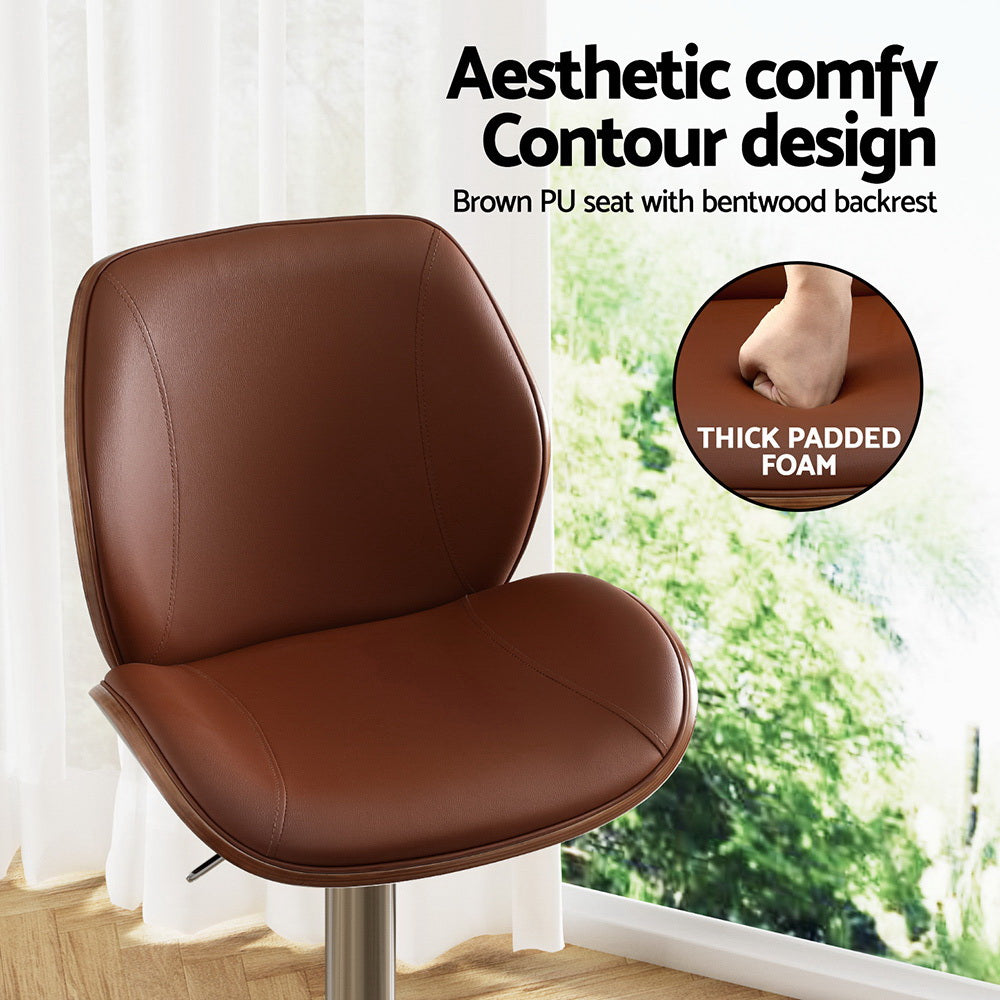Artiss 2X Bar Stools Bentwood Adjustable Kitchen Counter Chair Leather Brown-Furniture &gt; Bar Stools &amp; Chairs &gt; Table &amp; Bar Stools-PEROZ Accessories