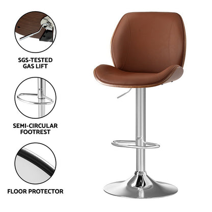 Artiss 2X Bar Stools Bentwood Adjustable Kitchen Counter Chair Leather Brown-Furniture &gt; Bar Stools &amp; Chairs &gt; Table &amp; Bar Stools-PEROZ Accessories