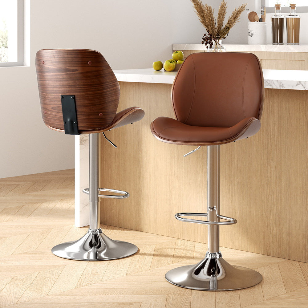 Artiss 2X Bar Stools Bentwood Adjustable Kitchen Counter Chair Leather Brown-Furniture &gt; Bar Stools &amp; Chairs &gt; Table &amp; Bar Stools-PEROZ Accessories