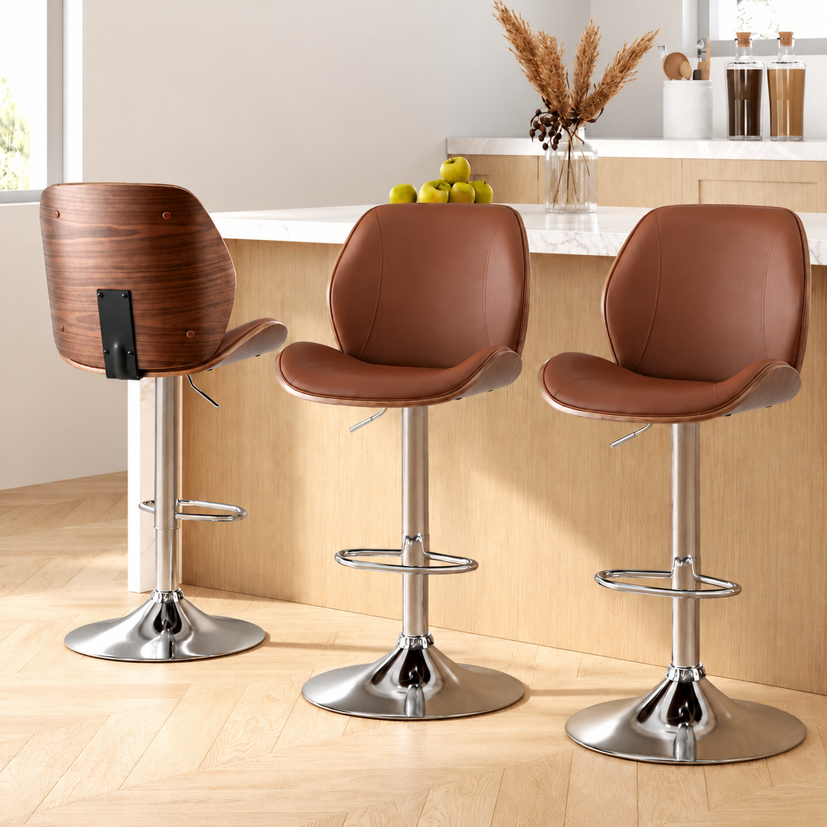 Artiss 3X Bar Stools Bentwood Adjustable Kitchen Counter Chair PU Leather Brown-Furniture > Bar Stools &amp; Chairs > Table &amp; Bar Stools-PEROZ Accessories