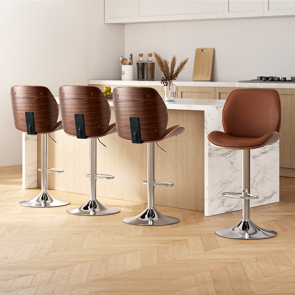Artiss 4X Bar Stools Bentwood Adjustable Kitchen Counter Chair Leather Brown-Furniture &gt; Bar Stools &amp; Chairs &gt; Table &amp; Bar Stools-PEROZ Accessories