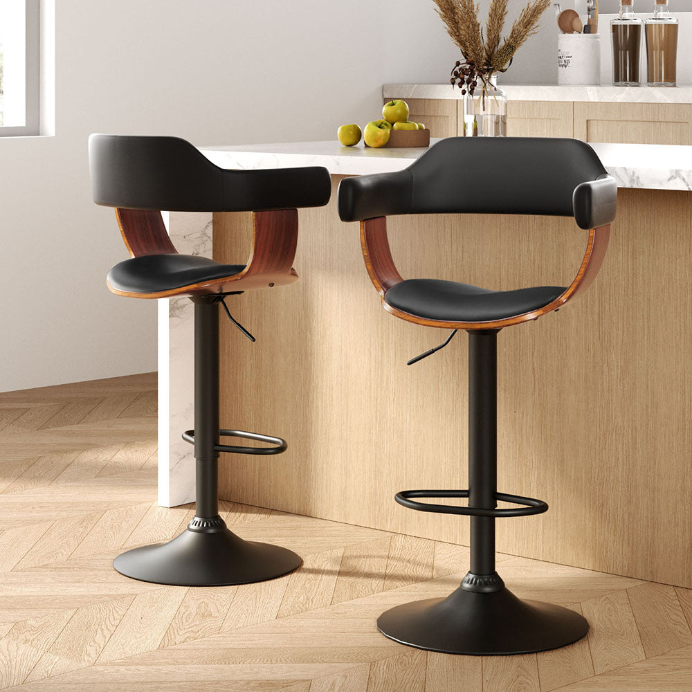 Artiss 2x Bar Stools Gas Lift Leather w/Armrest All Black-Furniture &gt; Bar Stools &amp; Chairs-PEROZ Accessories