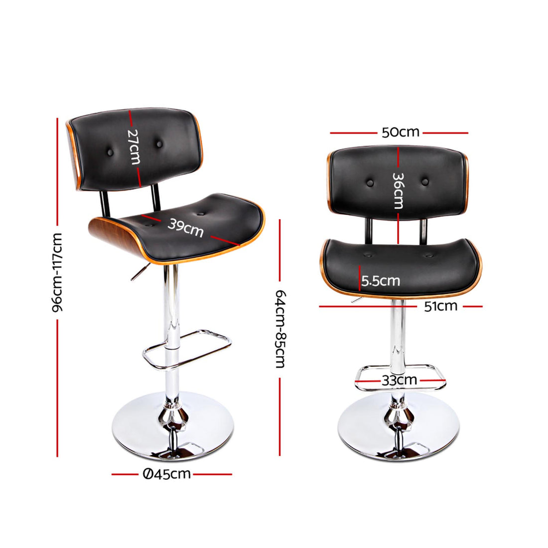 Artiss 2x Bar Stools Gas Lift Leather Black-Furniture &gt; Bar Stools &amp; Chairs-PEROZ Accessories