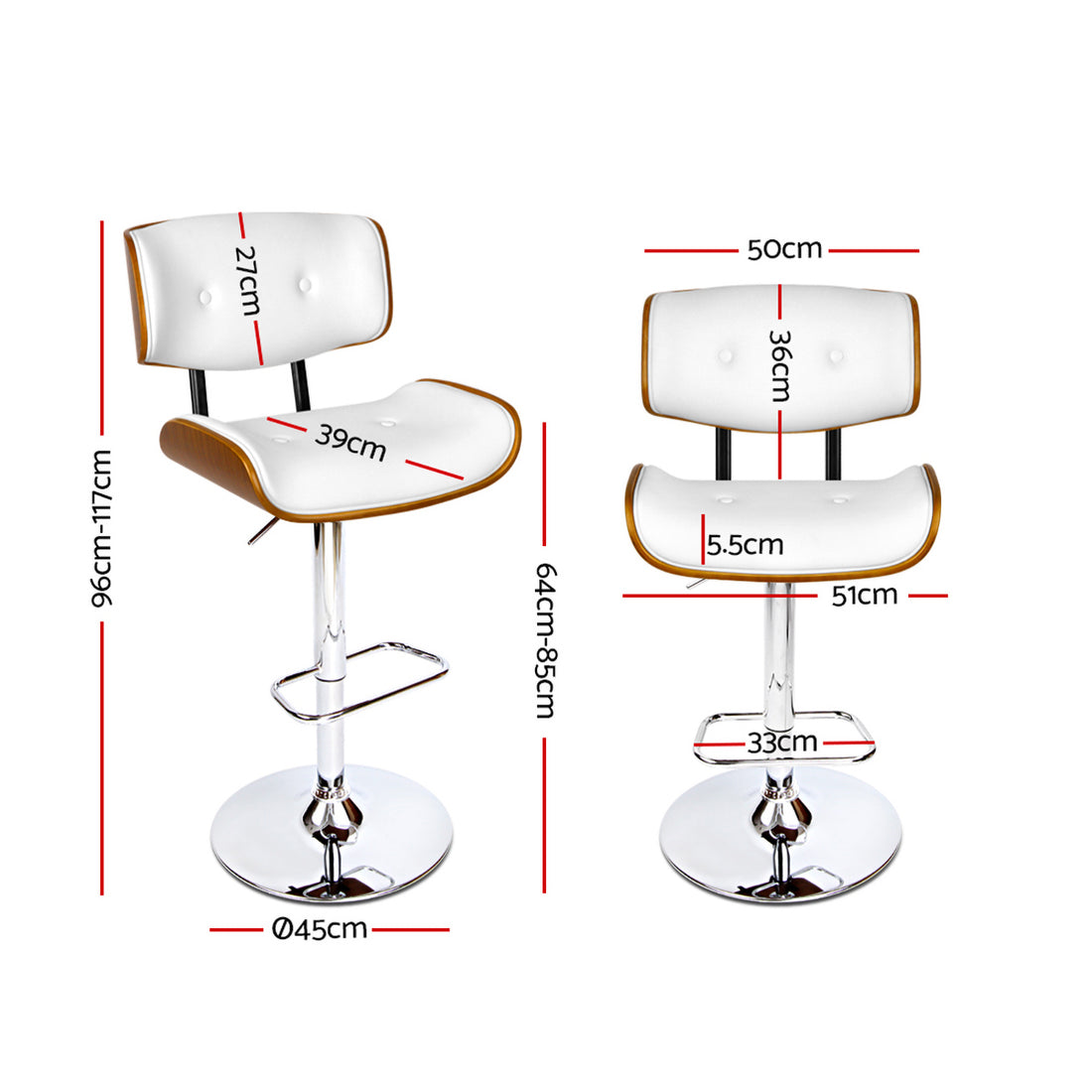 Artiss 2x Bar Stools Gas Lift Leather White-Furniture &gt; Bar Stools &amp; Chairs-PEROZ Accessories
