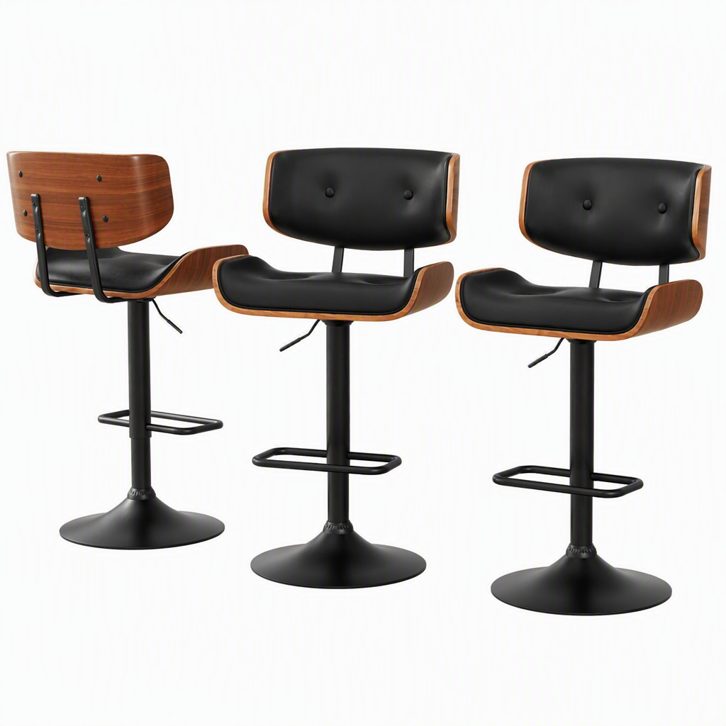 Artiss Bar Stools X3 Kitchen Counter Chair Gas Lift Swivel PU Cherry All Black-Furniture > Bar Stools &amp; Chairs > Table &amp; Bar Stools-PEROZ Accessories